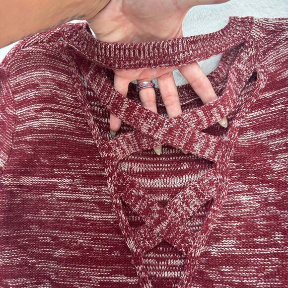 Madison Lilly Women’s Burgundy Heathered Crewneck Sweater Size M Crisscross Back - Picture 8 of 11